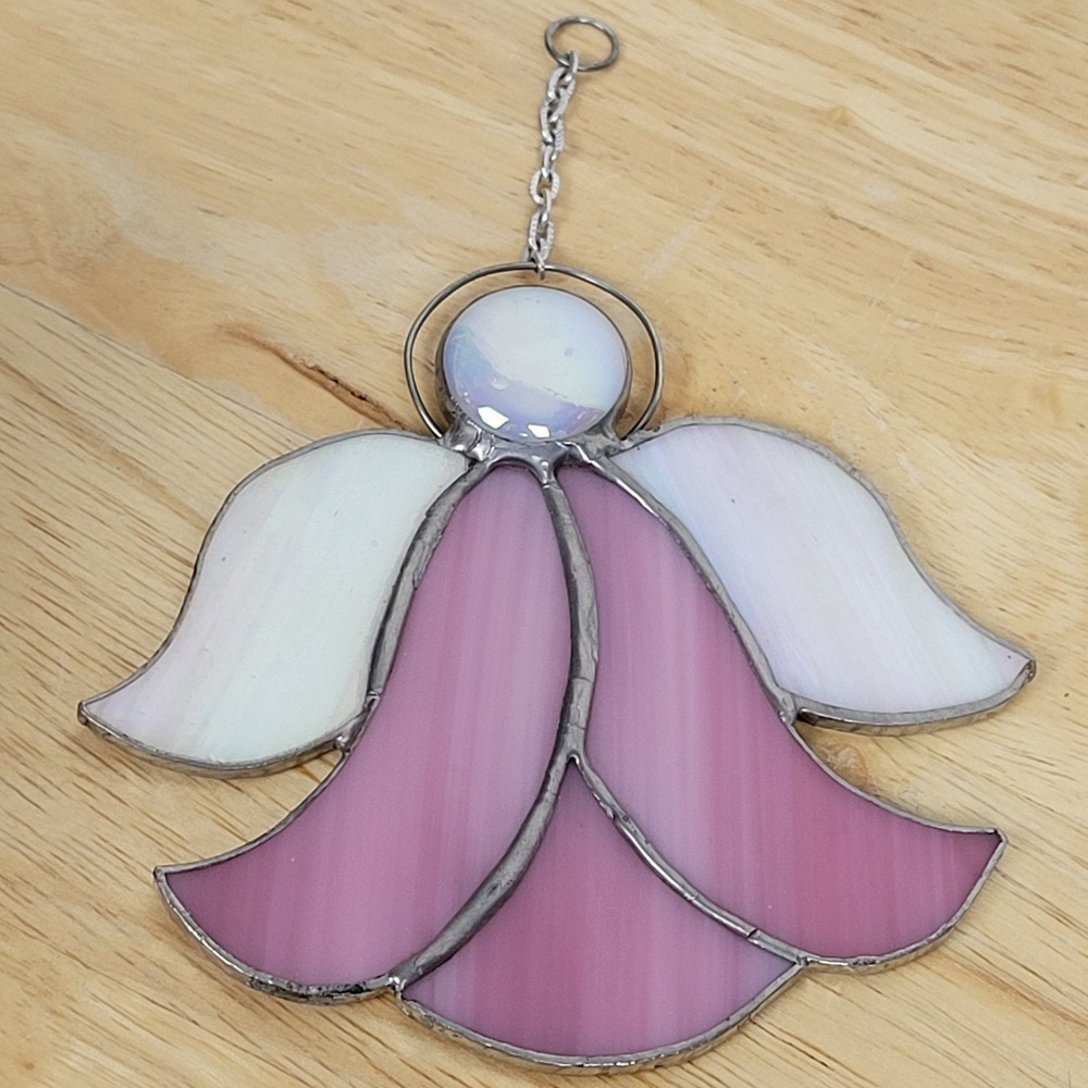 Vintage‎ 2000 Stained Glass Angel Suncatcher Pink & Iridescent White Bell Flower